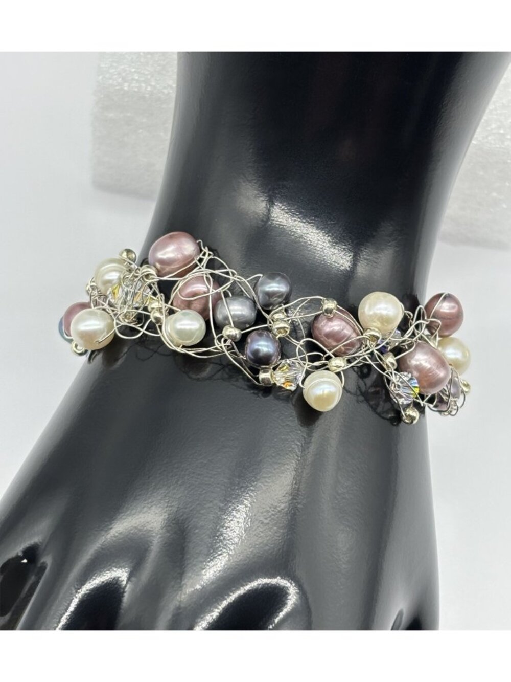 Artisan-Made Collar and Bracelet Set .999 Fine Silver Freshwater Pearls Crystals - Picture 7 of 15